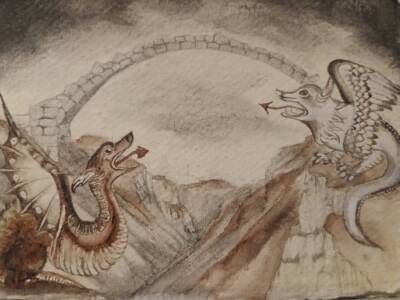 Scene from the Mabinogion ‘The English and Welsh Dragon before combat. by Charlotte Dafoe